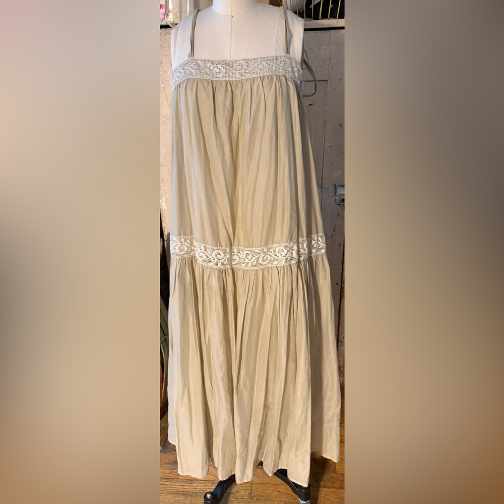 Tie-Shoulder Maxi Dress with Lace Trim - Cream
